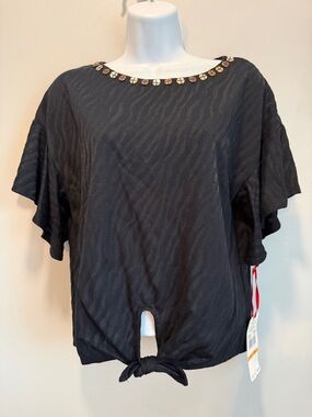 Ruby Rd. Black Tie-Front Top with Embellished Neckline-Petite